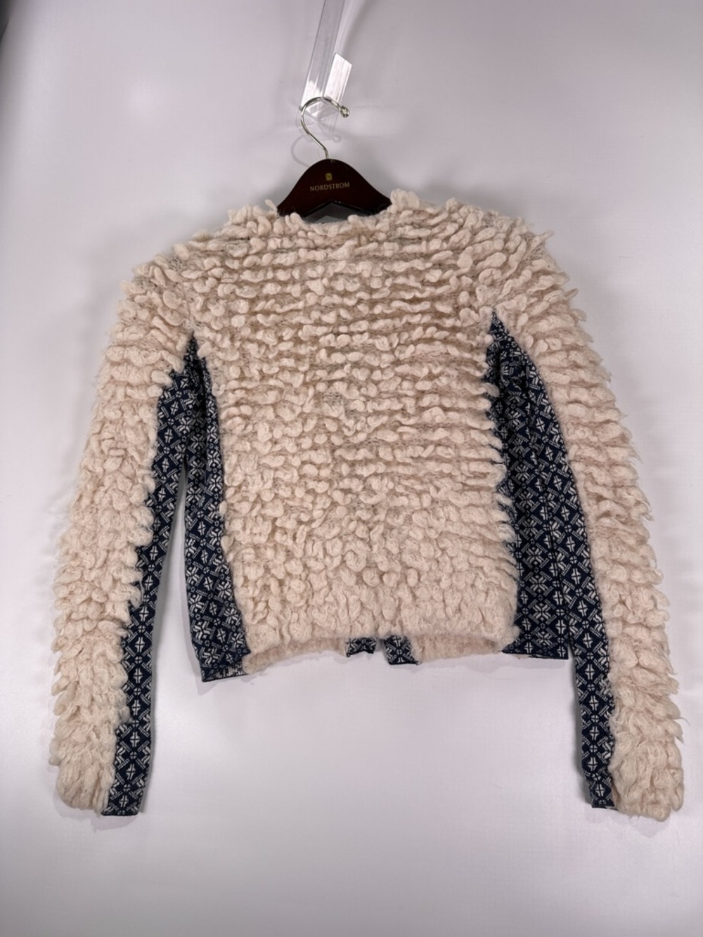 Odd Molly Shaggy Loop Knit Cardigan Fair Isle Alpaca Wool Blend Cream Navy Small - Picture 3 of 13